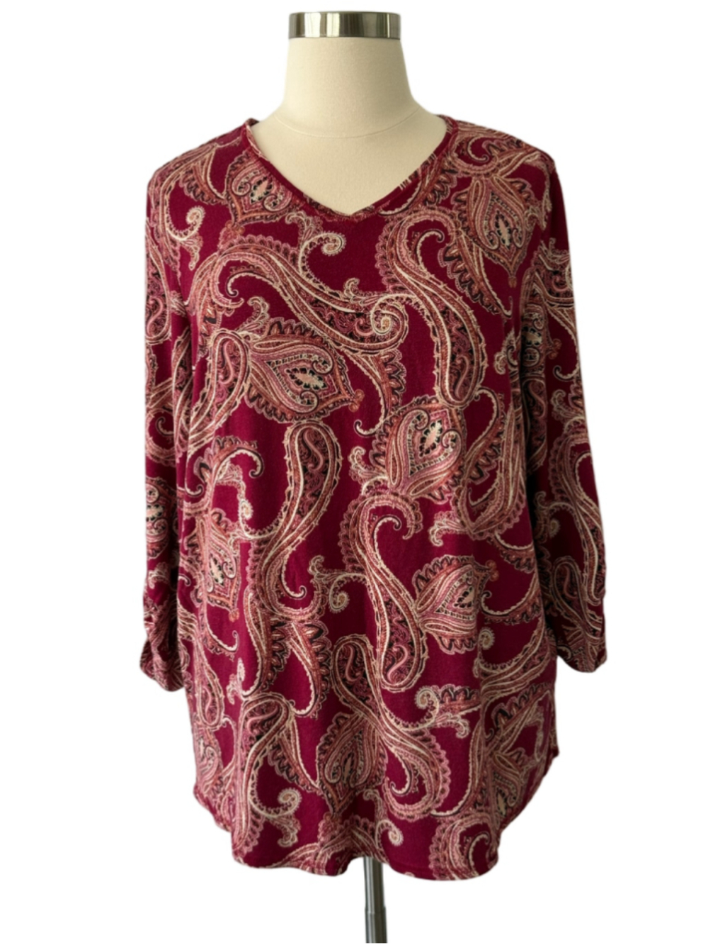 Chico’s Paisley Blouse, Burgundy and Beige, 3/4 Sleeve Size 16 (Chico’s 3)